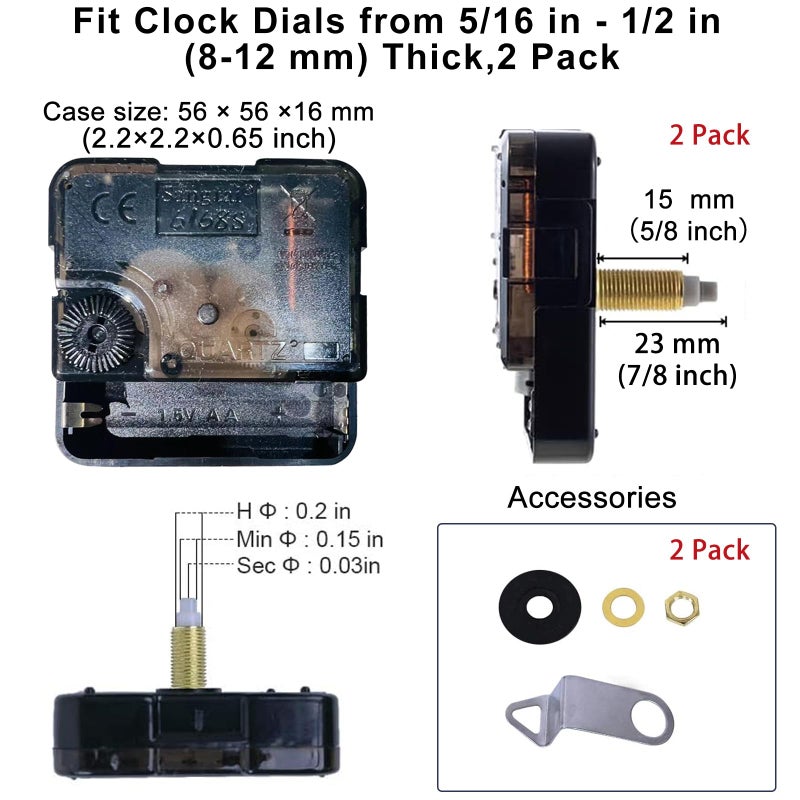 EMOON 2 Pack High Torque Clock Movement Mechanism with 4 Pairs of Short Hands Battery Operated Quartz Clock Motor Kit DIY Repair Parts Replacement, 7/8 Inch Total Shaft Length - Image 4